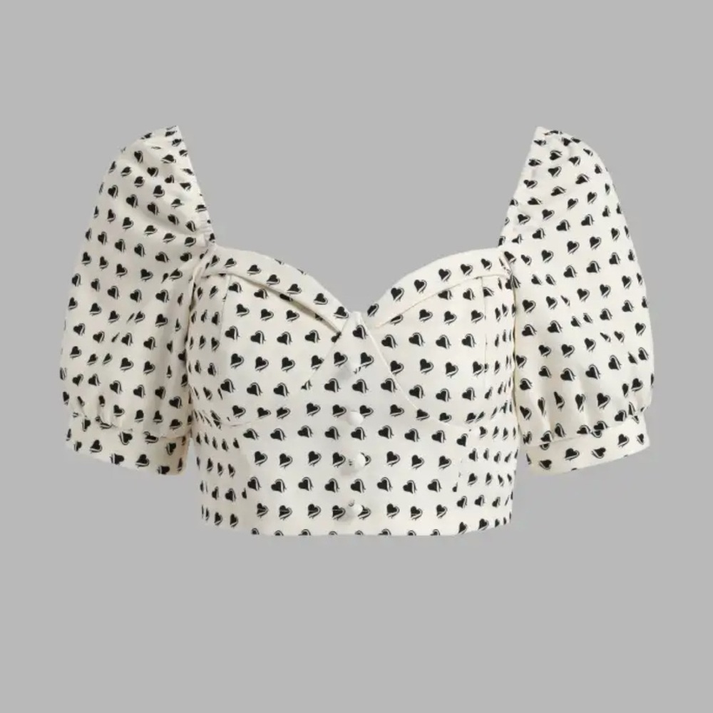 Cider Cream Puff Sleeve Top with Black Heart Pattern